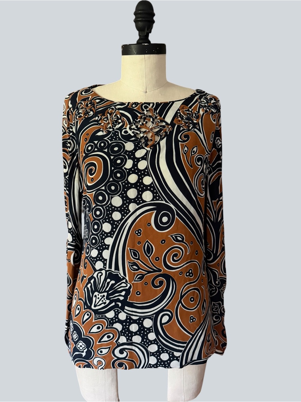 Tory Burch Black and Brown Paisley-Print Long Sleeve Blouse